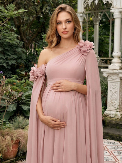 Robe d'Invitée de Mariage de Maternité Ligne A/Princesse Asymétrique à une épaule Longueur Sol avec Plis & Fleurs 3D