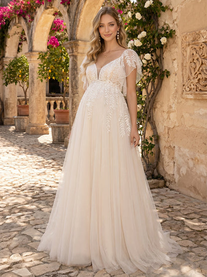 Ligne A/Princesse Col en V Manches Flottantes Train de la Cour Robe de Mariée Maternité avec Appliqué & Dentelle