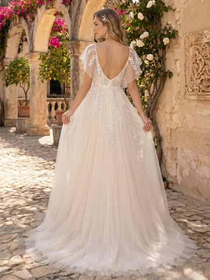 Ligne A/Princesse Col en V Manches Flottantes Train de la Cour Robe de Mariée Maternité avec Appliqué & Dentelle