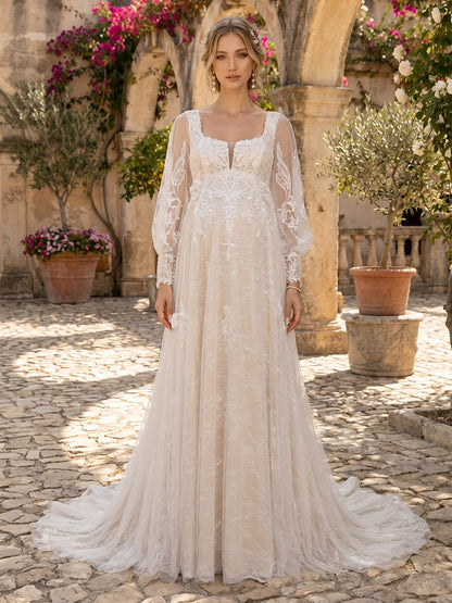 Ligne A/Princesse Col Carré Manches Longues Train de la Cour Robe de Mariée Maternité avec Appliqué & Dentelle