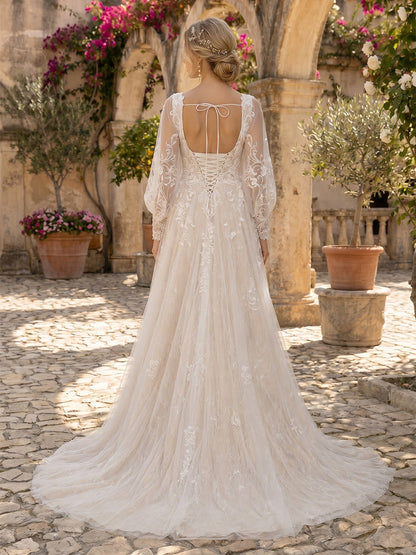 Ligne A/Princesse Col Carré Manches Longues Train de la Cour Robe de Mariée Maternité avec Appliqué & Dentelle