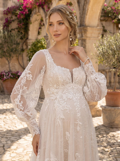 Ligne A/Princesse Col Carré Manches Longues Train de la Cour Robe de Mariée Maternité avec Appliqué & Dentelle