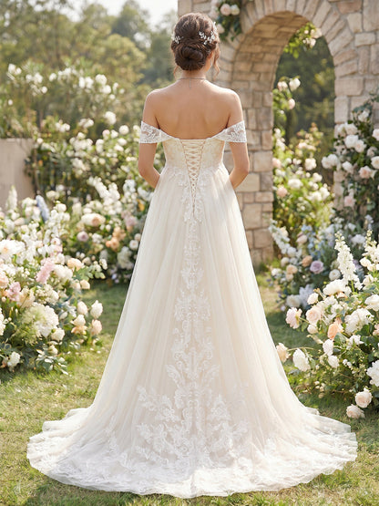 Ligne A/Princesse  Hors de L'épaule Sans Manches Train de la Cour Robe de Mariée Maternité avec Appliqué & Dentelle