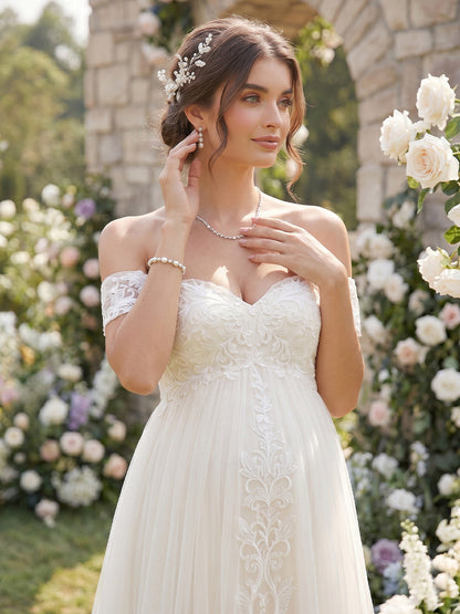 Ligne A/Princesse  Hors de L'épaule Sans Manches Train de la Cour Robe de Mariée Maternité avec Appliqué & Dentelle