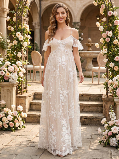 Ligne A/Princesse Épaules Dénudées Bretelles Spaghetti Sans Manches Longueur du sol Robe de Mariée Maternité avec Appliqué & Dentelle