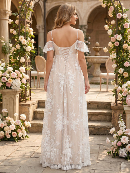 Ligne A/Princesse Épaules Dénudées Bretelles Spaghetti Sans Manches Longueur du sol Robe de Mariée Maternité avec Appliqué & Dentelle