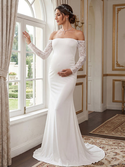 Trompette/Sirène Hors de L'épaule Manches Longues Longueur du sol Robe de Mariée Maternité avec Appliqué