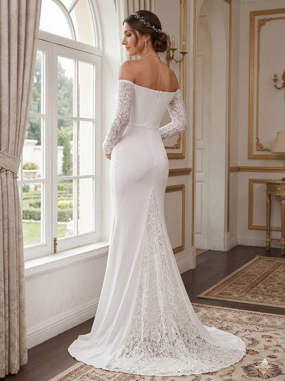 Trompette/Sirène Hors de L'épaule Manches Longues Longueur du sol Robe de Mariée Maternité avec Appliqué