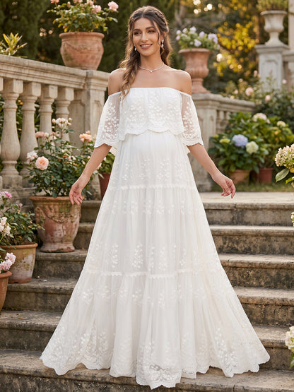 Ligne A/Princesse  Hors de L'épaule Demi-manches Longueur du sol Robe de Mariée Maternité avec Dentelle