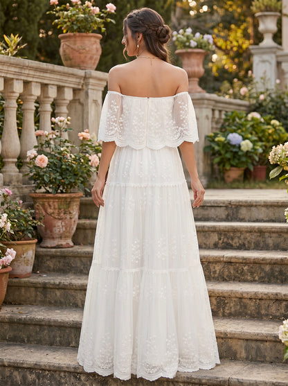 Ligne A/Princesse  Hors de L'épaule Demi-manches Longueur du sol Robe de Mariée Maternité avec Dentelle