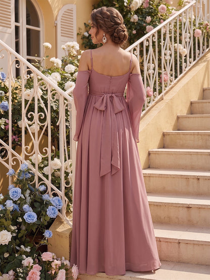 Ligne A/Princesse Épaules Dénudées Manches Longues Longueur du sol Robes de Demoiselle d'honneur de Maternité avec Noeud Papillon & Plis