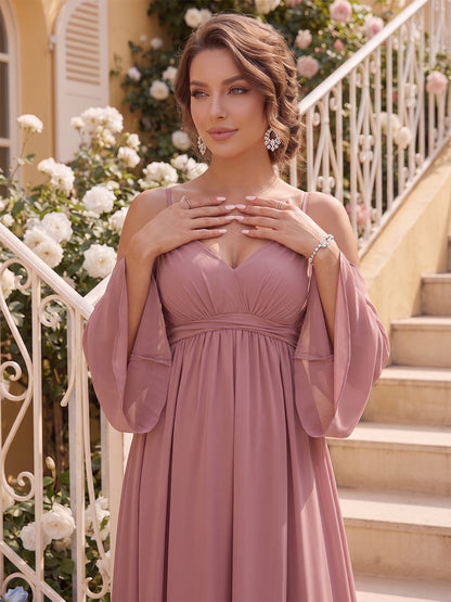 Ligne A/Princesse Épaules Dénudées Manches Longues Longueur du sol Robes de Demoiselle d'honneur de Maternité avec Noeud Papillon & Plis
