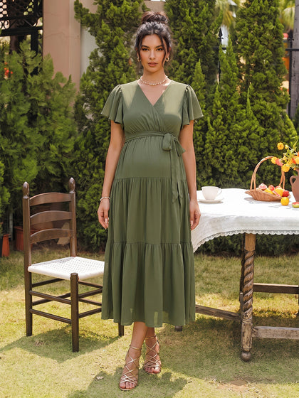 Robe d'Invitée de Mariage de Maternité Ligne A/Princesse Col en V Manches Courtes Longueur Thé avec Nœud Papillon & Volants
