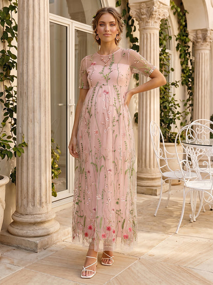 Ligne A/Princesse Col Bateau Manches Courtes Longueur Cheville Robes d'invitées de Mariage de Maternité avec Imprimé Floral