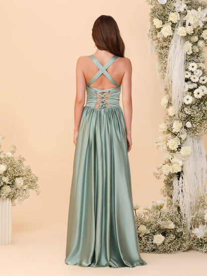 Robes de Demoiselle d'Honneur Longues sans Manches à Col en V, Ligne A/Princesse, avec Fente Latérale et Plis