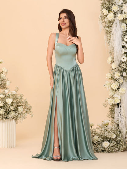Robes de Demoiselle d'Honneur Longues sans Manches à Col en V, Ligne A/Princesse, avec Fente Latérale et Plis