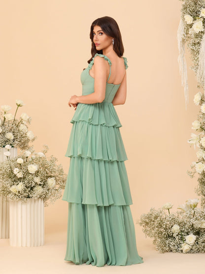 Robes de Demoiselle d'Honneur Ligne A/Princesse, Col Rond, sans Manches, Longueur Au Sol, avec Volants et Fente Latérale