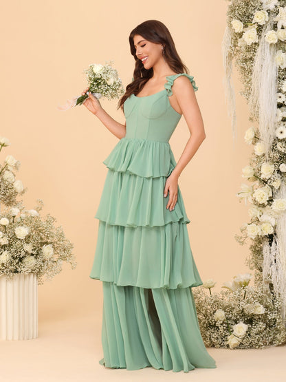 Robes de Demoiselle d'Honneur Ligne A/Princesse, Col Rond, sans Manches, Longueur Au Sol, avec Volants et Fente Latérale