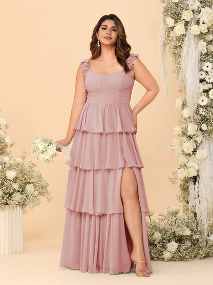 Robes de Demoiselle d'Honneur Ligne A/Princesse, Col Rond, sans Manches, Longueur Au Sol, avec Volants et Fente Latérale