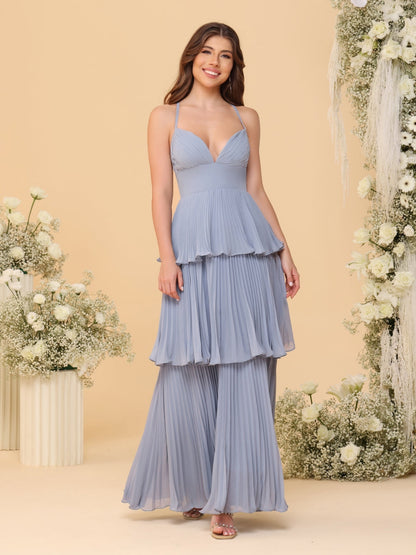 Robes de Demoiselle d'Honneur en Ligne A/Princesse à Bretelles Spaghetti sans Manches Longueur Sol avec Plis en Étages