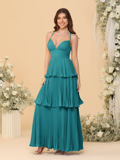Robes de Demoiselle d'Honneur en Ligne A/Princesse à Bretelles Spaghetti sans Manches Longueur Sol avec Plis en Étages