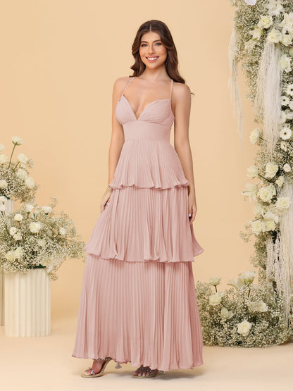 Robes de Demoiselle d'Honneur en Ligne A/Princesse à Bretelles Spaghetti sans Manches Longueur Sol avec Plis en Étages