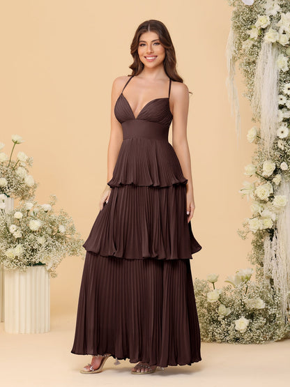Robes de Demoiselle d'Honneur en Ligne A/Princesse à Bretelles Spaghetti sans Manches Longueur Sol avec Plis en Étages