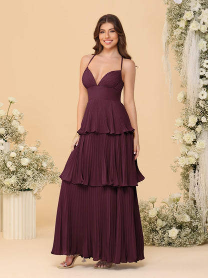 Robes de Demoiselle d'Honneur en Ligne A/Princesse à Bretelles Spaghetti sans Manches Longueur Sol avec Plis en Étages