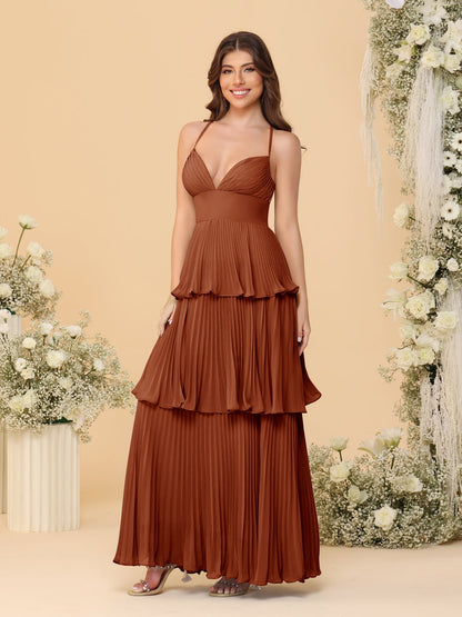 Robes de Demoiselle d'Honneur en Ligne A/Princesse à Bretelles Spaghetti sans Manches Longueur Sol avec Plis en Étages