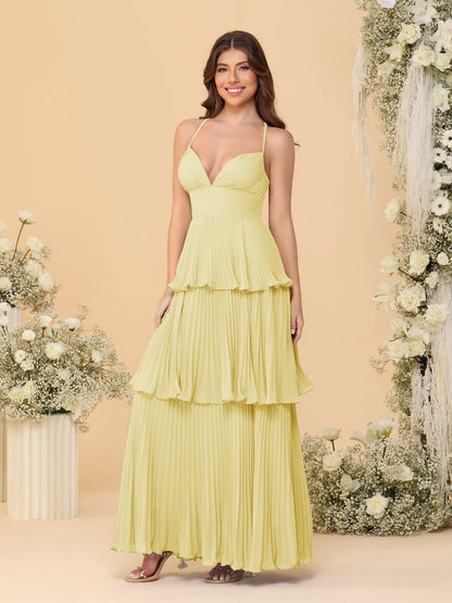 Robes de Demoiselle d'Honneur en Ligne A/Princesse à Bretelles Spaghetti sans Manches Longueur Sol avec Plis en Étages