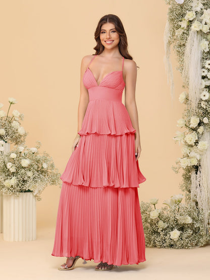 Robes de Demoiselle d'Honneur en Ligne A/Princesse à Bretelles Spaghetti sans Manches Longueur Sol avec Plis en Étages