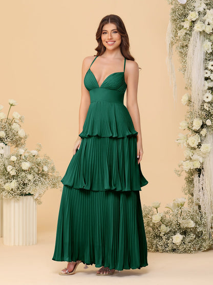 Robes de Demoiselle d'Honneur en Ligne A/Princesse à Bretelles Spaghetti sans Manches Longueur Sol avec Plis en Étages