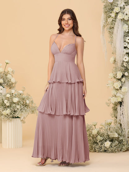 Robes de Demoiselle d'Honneur en Ligne A/Princesse à Bretelles Spaghetti sans Manches Longueur Sol avec Plis en Étages