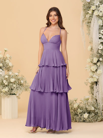 Robes de Demoiselle d'Honneur en Ligne A/Princesse à Bretelles Spaghetti sans Manches Longueur Sol avec Plis en Étages