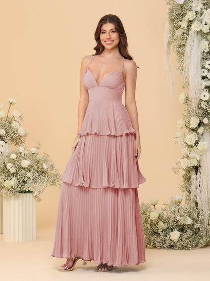 Robes de Demoiselle d'Honneur en Ligne A/Princesse à Bretelles Spaghetti sans Manches Longueur Sol avec Plis en Étages