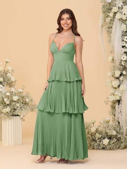 Robes de Demoiselle d'Honneur en Ligne A/Princesse à Bretelles Spaghetti sans Manches Longueur Sol avec Plis en Étages