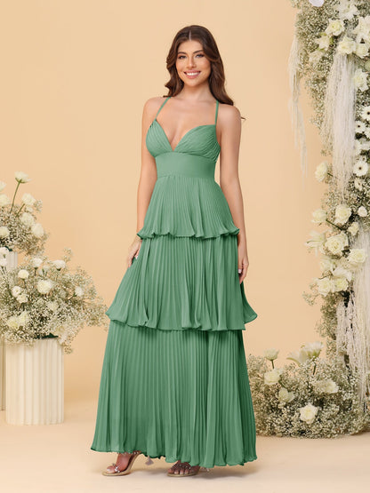 Robes de Demoiselle d'Honneur en Ligne A/Princesse à Bretelles Spaghetti sans Manches Longueur Sol avec Plis en Étages