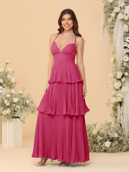 Robes de Demoiselle d'Honneur en Ligne A/Princesse à Bretelles Spaghetti sans Manches Longueur Sol avec Plis en Étages