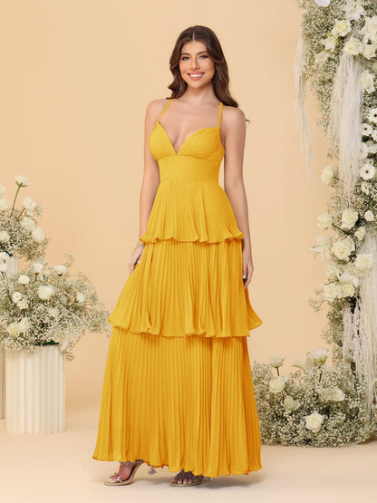 Robes de Demoiselle d'Honneur en Ligne A/Princesse à Bretelles Spaghetti sans Manches Longueur Sol avec Plis en Étages