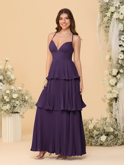 Robes de Demoiselle d'Honneur en Ligne A/Princesse à Bretelles Spaghetti sans Manches Longueur Sol avec Plis en Étages
