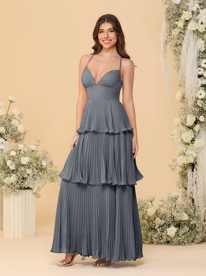 Robes de Demoiselle d'Honneur en Ligne A/Princesse à Bretelles Spaghetti sans Manches Longueur Sol avec Plis en Étages