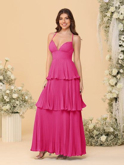 Robes de Demoiselle d'Honneur en Ligne A/Princesse à Bretelles Spaghetti sans Manches Longueur Sol avec Plis en Étages