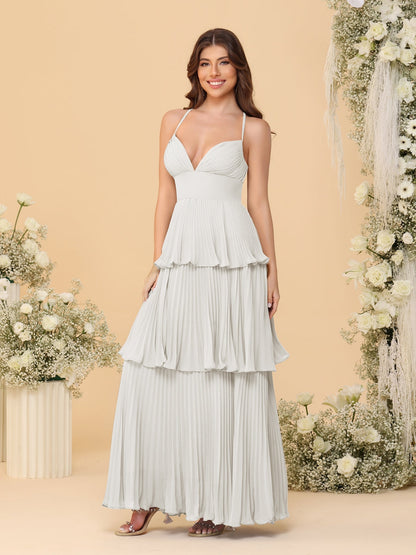 Robes de Demoiselle d'Honneur en Ligne A/Princesse à Bretelles Spaghetti sans Manches Longueur Sol avec Plis en Étages