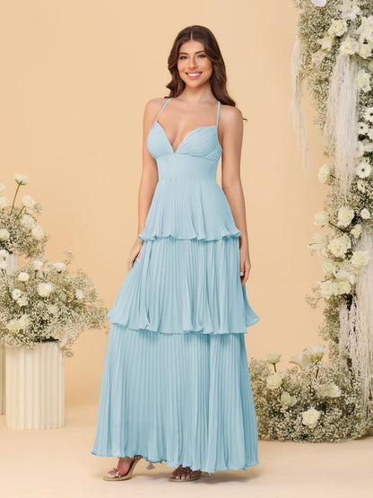 Robes de Demoiselle d'Honneur en Ligne A/Princesse à Bretelles Spaghetti sans Manches Longueur Sol avec Plis en Étages