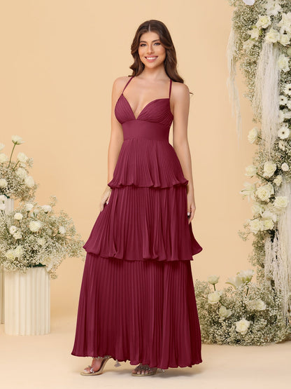 Robes de Demoiselle d'Honneur en Ligne A/Princesse à Bretelles Spaghetti sans Manches Longueur Sol avec Plis en Étages