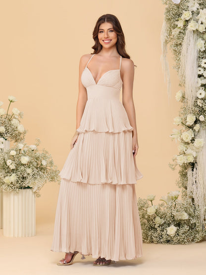 Robes de Demoiselle d'Honneur en Ligne A/Princesse à Bretelles Spaghetti sans Manches Longueur Sol avec Plis en Étages