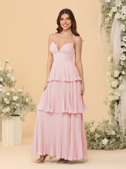 Robes de Demoiselle d'Honneur en Ligne A/Princesse à Bretelles Spaghetti sans Manches Longueur Sol avec Plis en Étages