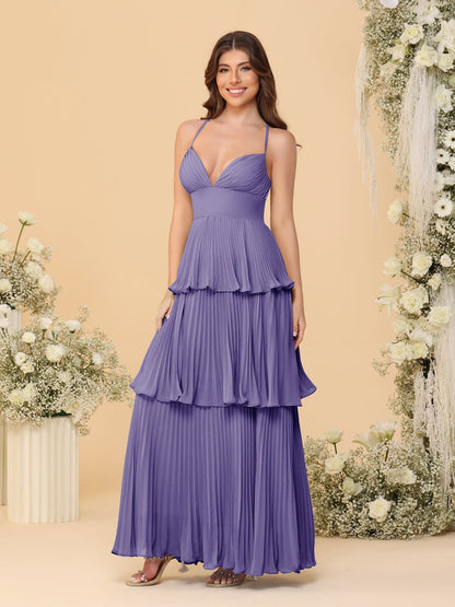 Robes de Demoiselle d'Honneur en Ligne A/Princesse à Bretelles Spaghetti sans Manches Longueur Sol avec Plis en Étages
