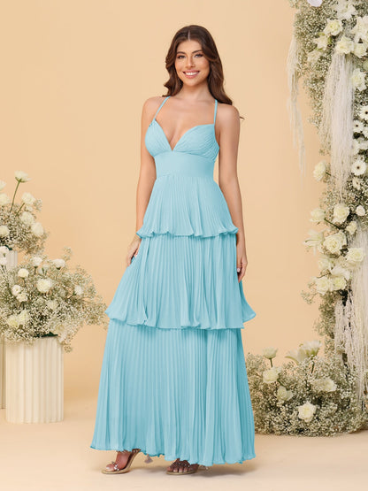 Robes de Demoiselle d'Honneur en Ligne A/Princesse à Bretelles Spaghetti sans Manches Longueur Sol avec Plis en Étages