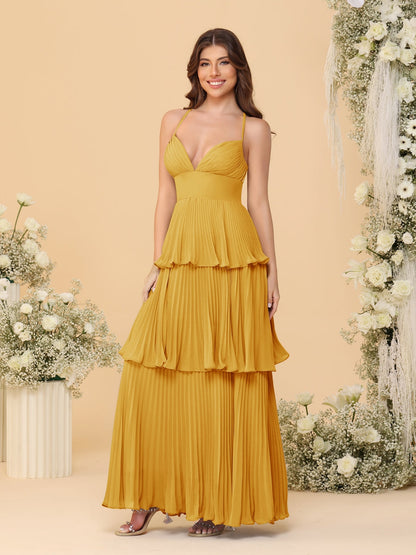 Robes de Demoiselle d'Honneur en Ligne A/Princesse à Bretelles Spaghetti sans Manches Longueur Sol avec Plis en Étages
